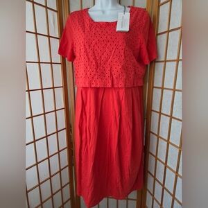 NWT La FABRICAdel LINO Italian Red Stretch Cotton Short Sleeve Dress Size Small